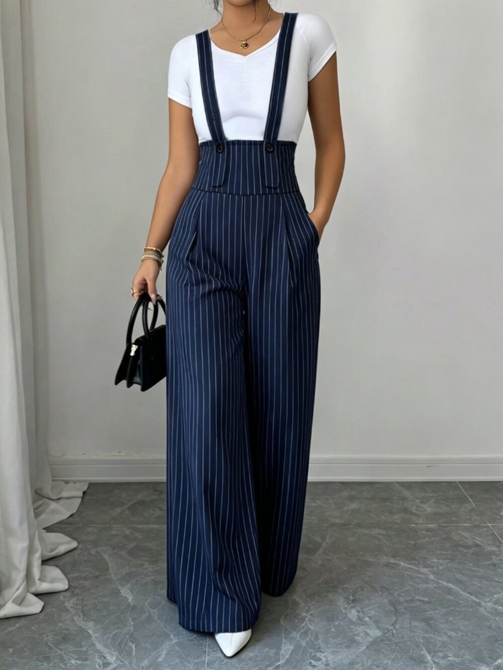 Navy Blue Casual Women's Striped Ultra High Waist Loose Long Overall - Picture 3 of 6